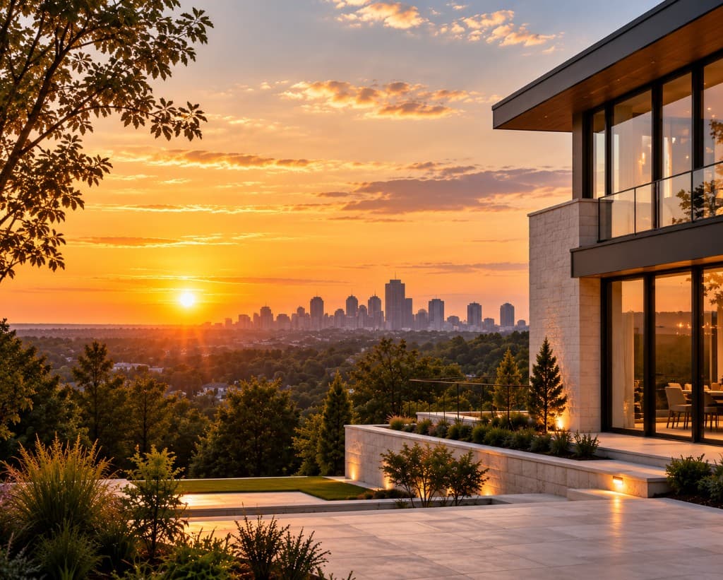 Modern residence and terrace overlooking the skyline at sunset